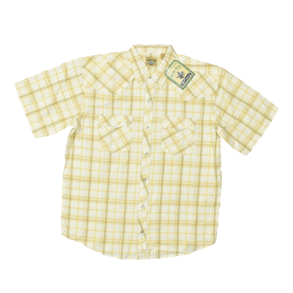 Moda Tech Men's Yellow Plaid Western Snap Shirt Short Sleeve Regular Size L NWT